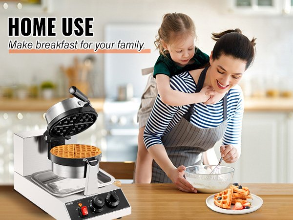 VEVOR Electric Waffle Maker Round Waffle Iron Non-Stick Waffle Baker Machine Teflon-Coated Baking Pans Stainless Steel for Home