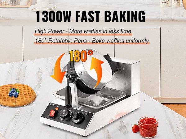 VEVOR Electric Waffle Maker Round Waffle Iron Non-Stick Waffle Baker Machine Teflon-Coated Baking Pans Stainless Steel for Home