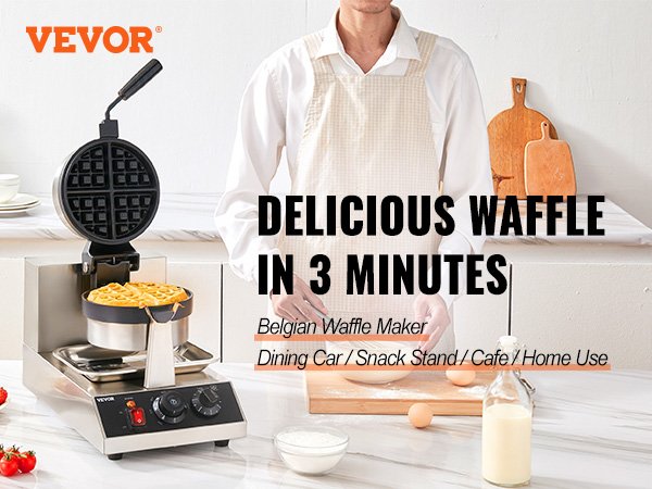 VEVOR Electric Waffle Maker Round Waffle Iron Non-Stick Waffle Baker Machine Teflon-Coated Baking Pans Stainless Steel for Home