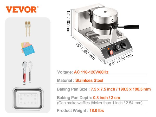 VEVOR Electric Waffle Maker Round Waffle Iron Non-Stick Waffle Baker Machine Teflon-Coated Baking Pans Stainless Steel for Home