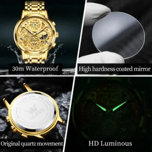 OLEVS Men's Watches Top Brand Luxury Original Waterproof Quartz Watch for Man Gold Skeleton Style 24 Hour Day Night New 5