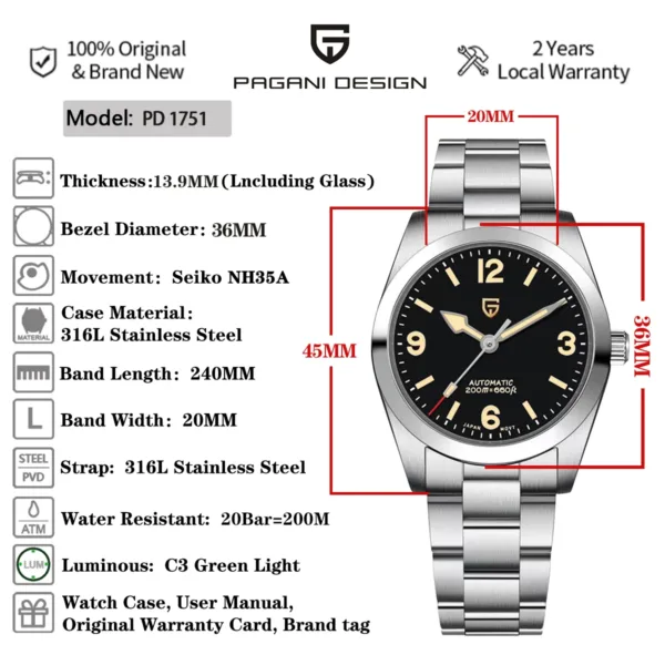 2023 New 36MM PAGANI DESIGN Watch Automatic Men Mechanical Watches NH35 Sapphire Steel AR Coating Retro Clock Relogio Masculino 6