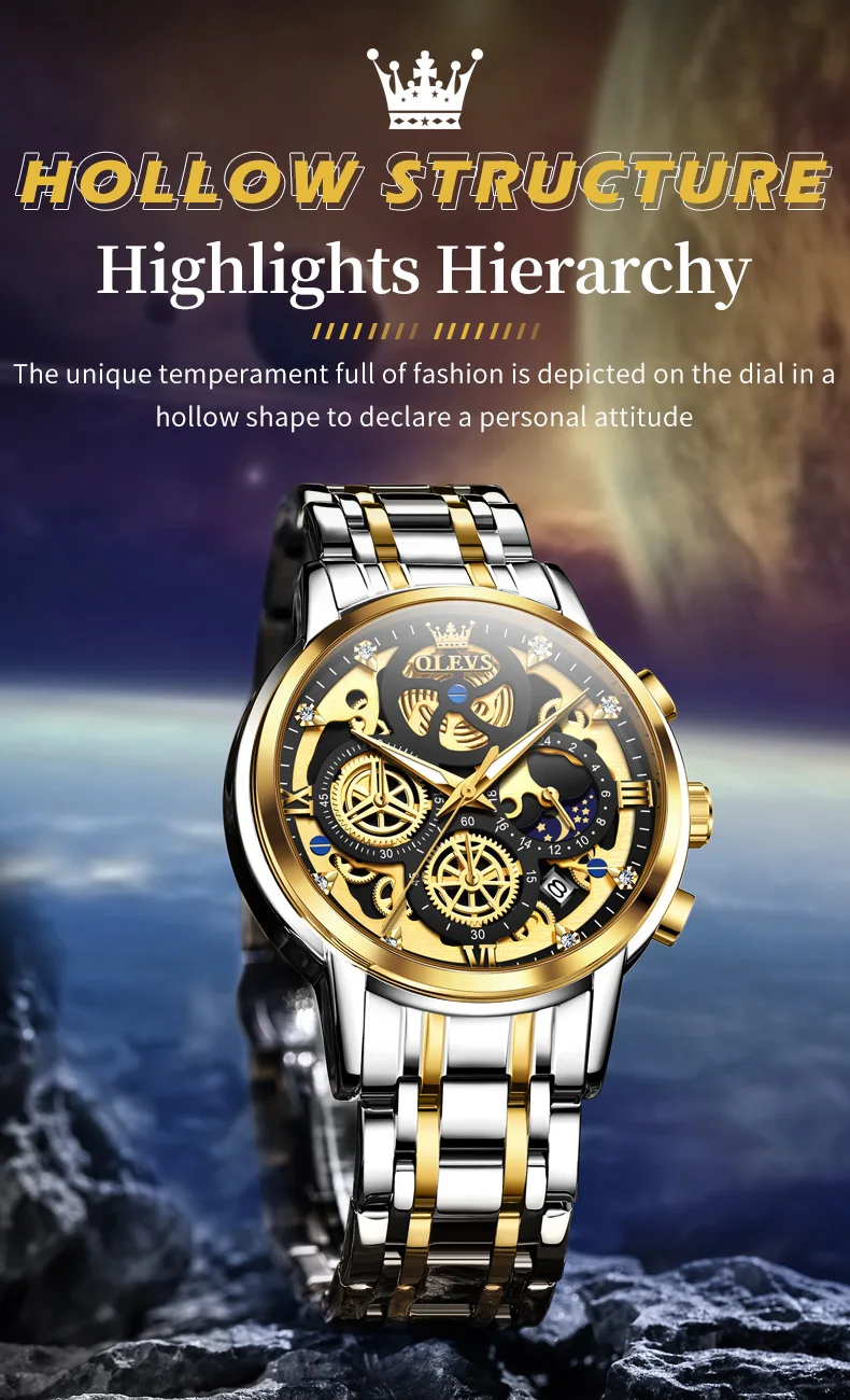 OLEVS Men's Watches Top Brand Luxury Original Waterproof Quartz Watch for Man Gold Skeleton Style 24 Hour Day Night New