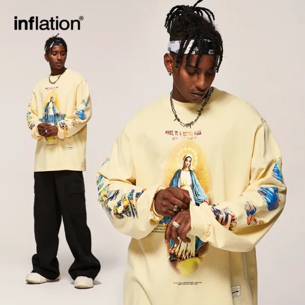 INFLATION Streetwear Oversize T-shirts Men Spring Long Sleeve Tees Unisex High Street Graphic Tops Plus Size 2473S23 2