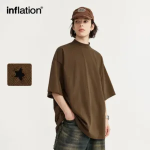 INFLATION Streetwear Ripped Tees Men Heavyweight Mock Neck Oversized Cotton Tshirts 1