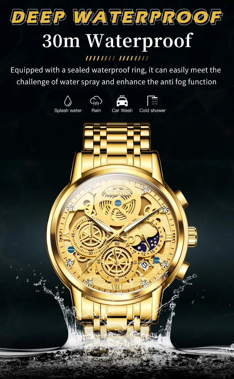 OLEVS Men's Watches Top Brand Luxury Original Waterproof Quartz Watch for Man Gold Skeleton Style 24 Hour Day Night New