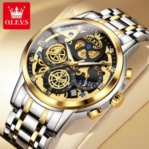 OLEVS Men's Watches Top Brand Luxury Original Waterproof Quartz Watch for Man Gold Skeleton Style 24 Hour Day Night New 3