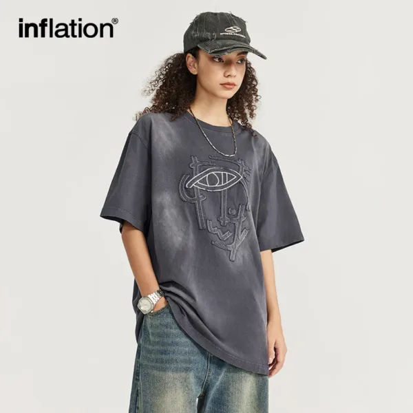 INFLATION Streetwear Acid Washed Patch Embroidery Tees Unisex Cotton Oversize Tshirt 2