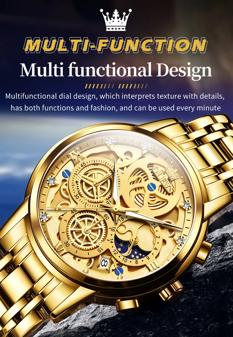 OLEVS Men's Watches Top Brand Luxury Original Waterproof Quartz Watch for Man Gold Skeleton Style 24 Hour Day Night New