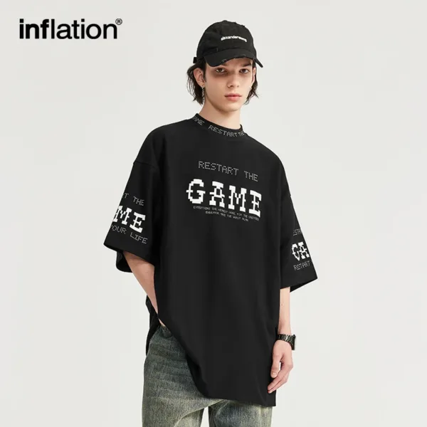 INFLATION Streetwear Puff Printing T-shirts Summer Trendy Heavyweight Mock Neck Oversized Tees 2