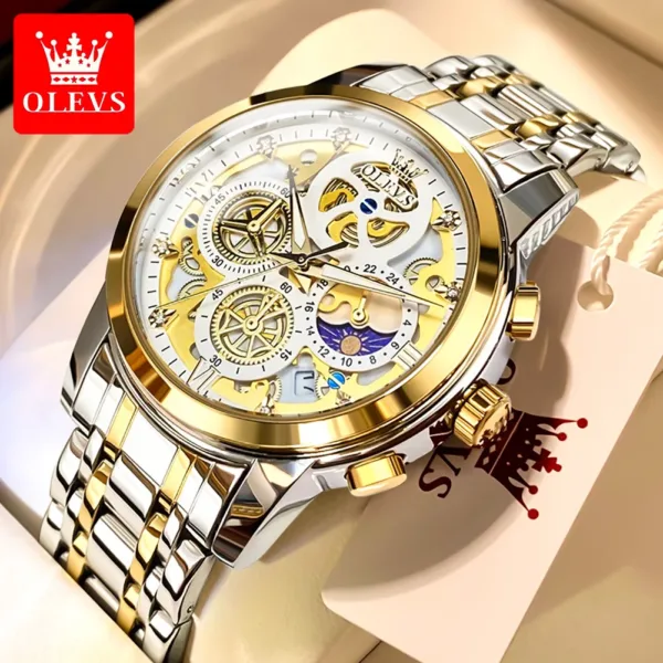 OLEVS Men's Watches Top Brand Luxury Original Waterproof Quartz Watch for Man Gold Skeleton Style 24 Hour Day Night New 2