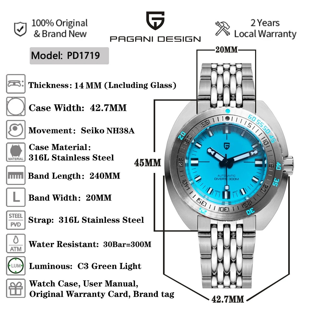 PD1719 PAGANI DESIGN Watch 42.7mm luxury sapphire stainless steel 300m diving watch C3 Green Glows