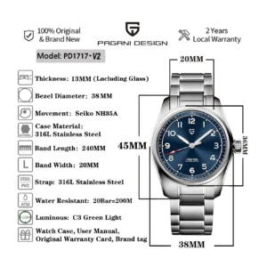 PAGANI DESIGN PD1717 Mechanical wristwatch Sapphire AR coated stainless steel watch for men 2