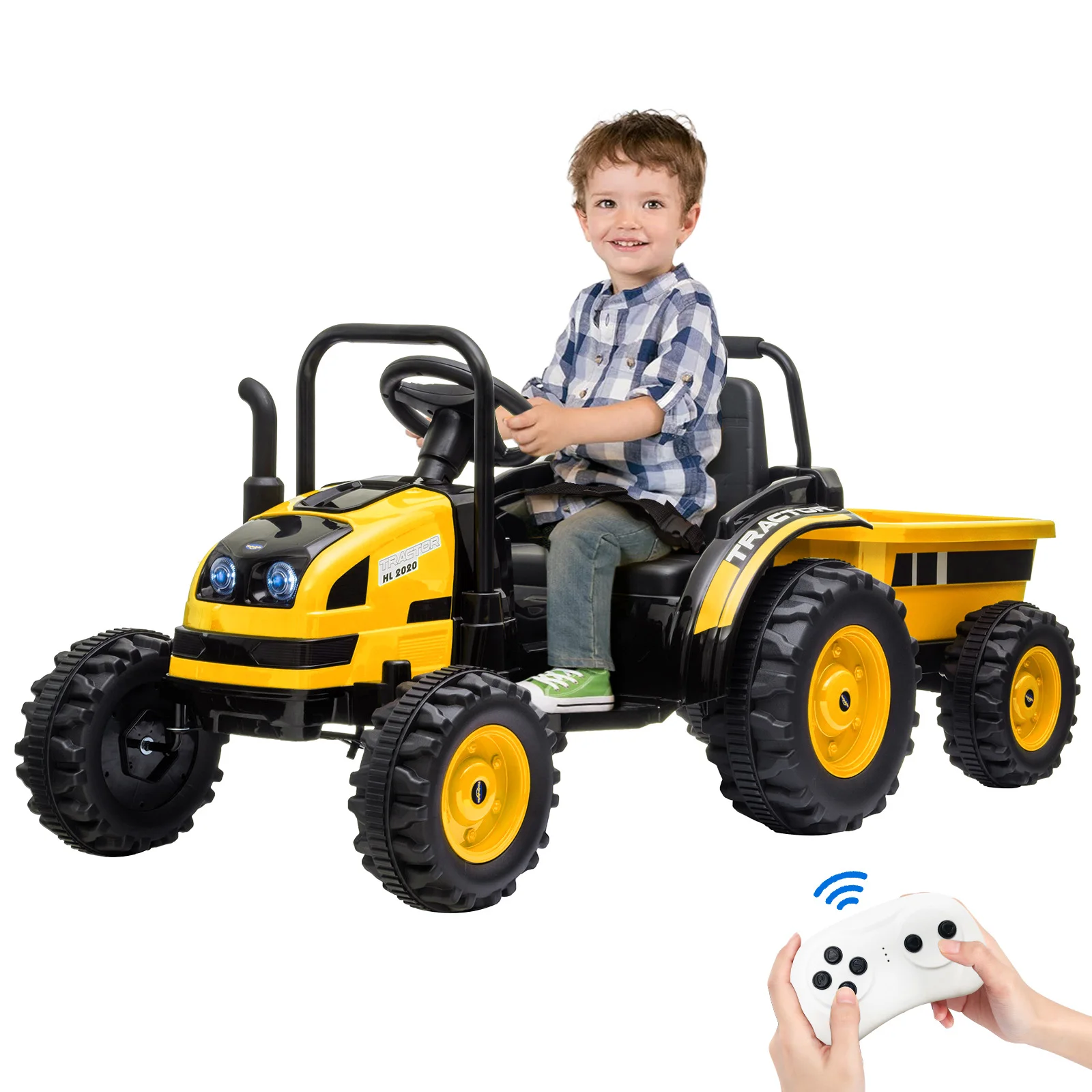 12V Kids Ride-On Tractor with Trailer,Remote Control,Music,LED Light,Rear Wheels Suspension,Battery Powered Electric Vehicle Toy