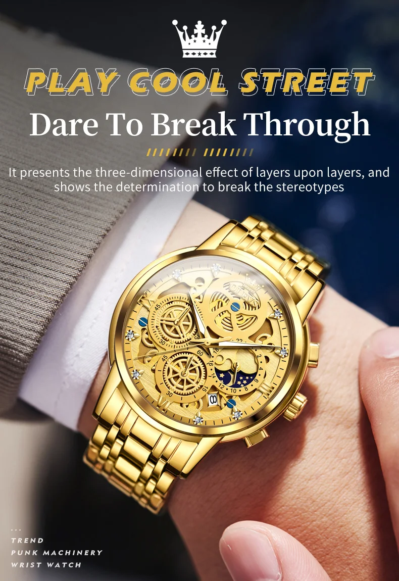 OLEVS Men's Watches Top Brand Luxury Original Waterproof Quartz Watch for Man Gold Skeleton Style 24 Hour Day Night New