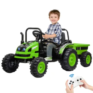 12V Kids Ride-On Tractor with Trailer,Remote Control,Music,LED Light,Rear Wheels Suspension,Battery Powered Electric Vehicle Toy 1