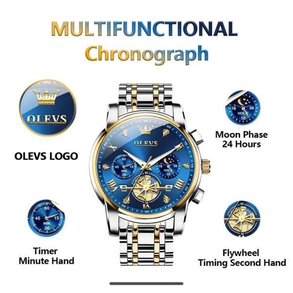 OLEVS Men's Watches Classic Multifunctional Fltwheel Chronograph Original Quartz Wristwatch Moon Phase 24 Hour Waterproof reloj 5