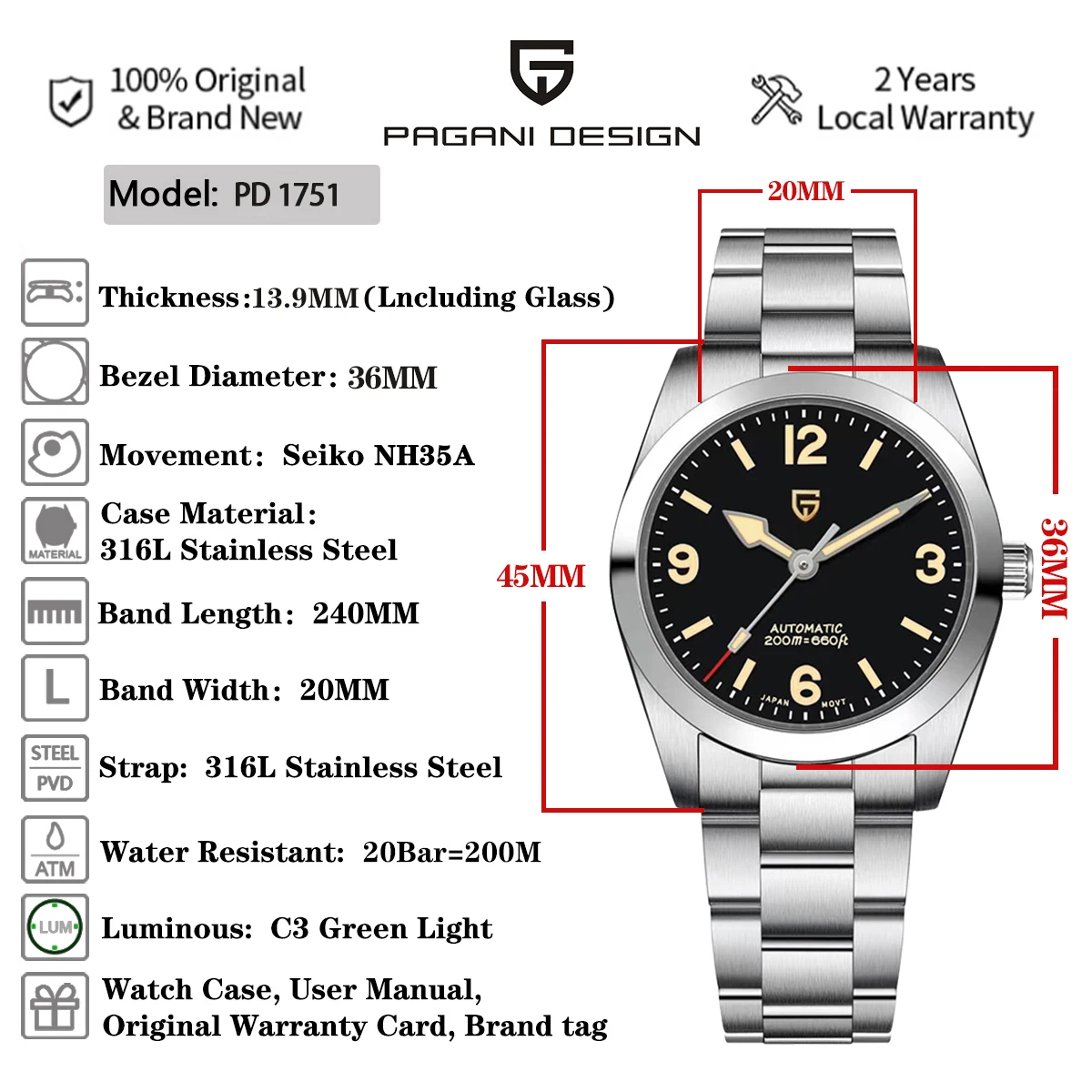 PAGANI DESIGN 36MM Automatic Mechanical Watch Leather Vintage Men NH35 Stainless Steel Sapphire 20Bar Watch for Men PD1751