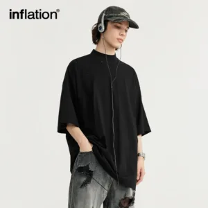 INFLATION Streetwear Ripped Tees Men Heavyweight Mock Neck Oversized Cotton Tshirts 2