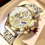 OLEVS Men's Watches Top Brand Luxury Original Waterproof Quartz Watch for Man Gold Skeleton Style 24 Hour Day Night New 8