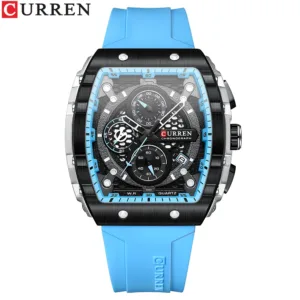 CURREN Tonneau Dial Sport Watch for Men Fashion Waterproof Quartz Wristwatch with Auto Date Yellow Silicone Strap Luminous 2