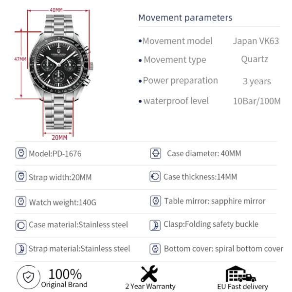 PAGANI DESIGN 2025 New Moon Men's Watches Luxury Quartz Watch For Men AR Sapphire Glass 100M Waterproof Wristwatch Chronograph 6