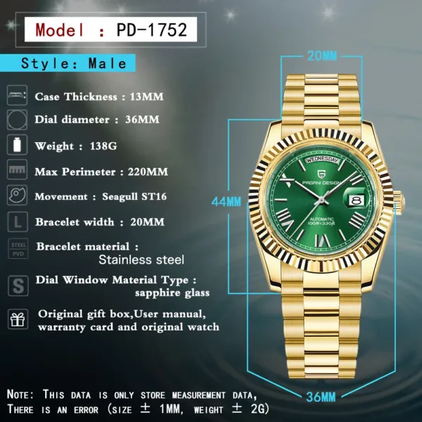 PAGANI DESIGN DD36 Gold Green V2 Men's Mechanical Watches Luxury Automatic Watch For Men 2024 New AR Sapphire glass Wrist watch 6