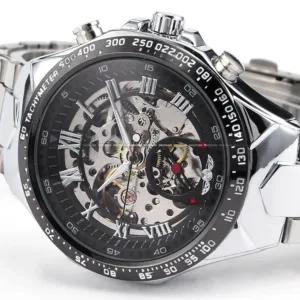 New WINNER Relojes Watches Top Branded Mens Classic Stainless Steel Self Wind Skeleton Mechanical Watch Fashion Cross Wristwatch 4