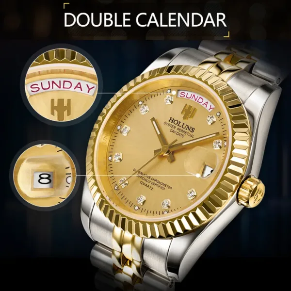 DD41mm HOLUNS Luxury Men Watches Japan MIYOTA Quartz Movt Stainless Steel Classic Business Golden Wristwatch Waterproof 2
