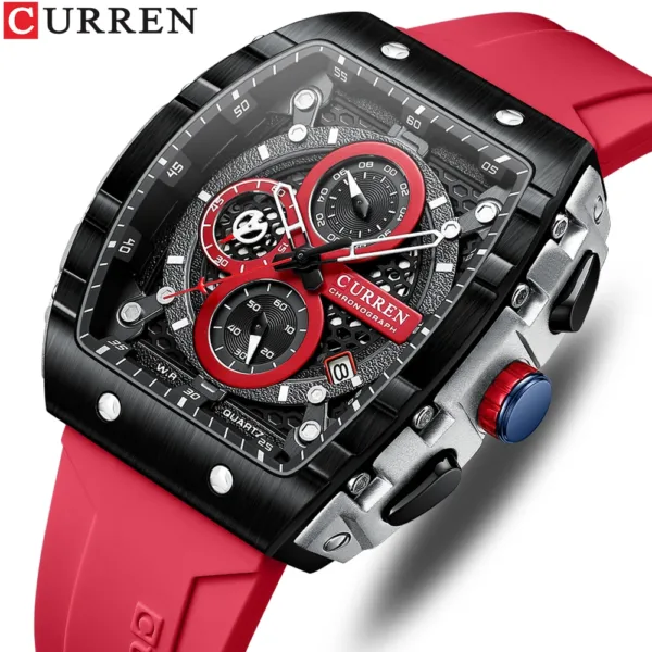CURREN Sport Chronograph Quartz Watch for Men Fashion Blue Silicone Strap Tonneau Dial Wristwatch with Date 3atm Waterproof 1