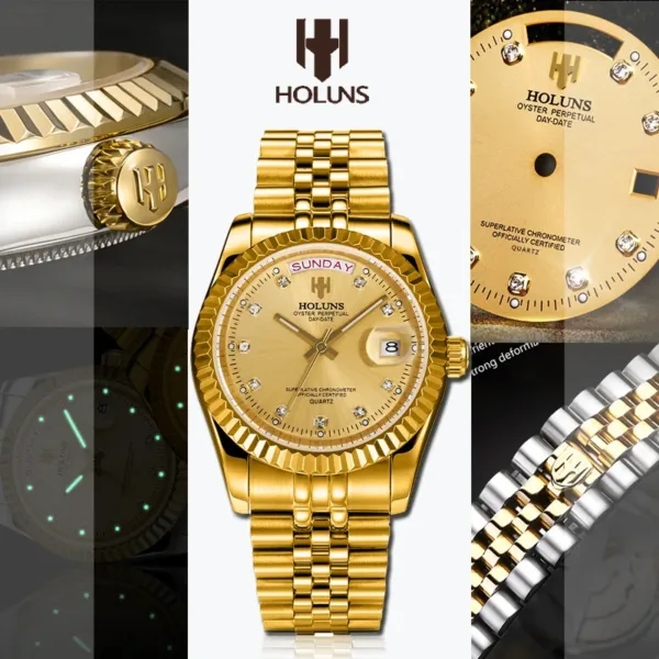 DD41mm HOLUNS Luxury Men Watches Japan MIYOTA Quartz Movt Stainless Steel Classic Business Golden Wristwatch Waterproof 4