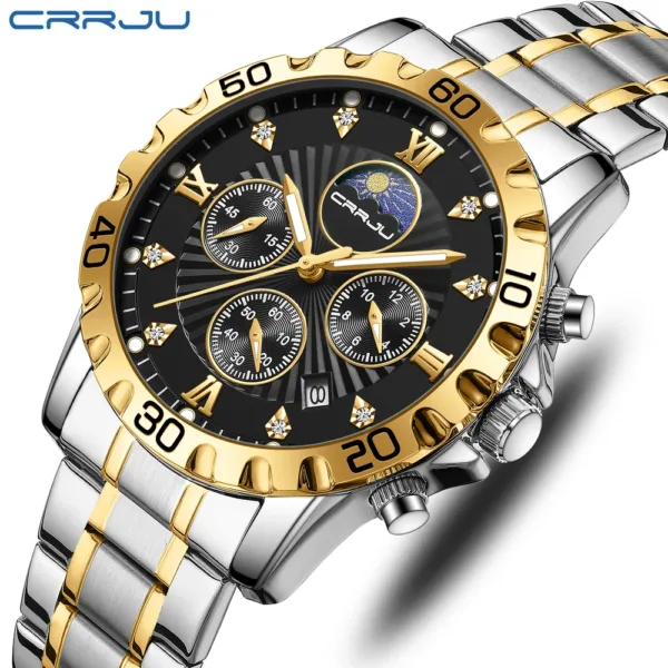 Mens Watches CRRJU Luxury Business Stainless Steel Chronograph Moon Phase Waterproof Date Analog Quartz Dress Watches for Men 3
