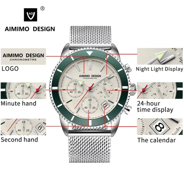 Men Panda Watches Date Chronograph Stop Quartz Watches Calendar Luminous Men`s Watch 42mm Dial 3ATM Relogio Masculino 4