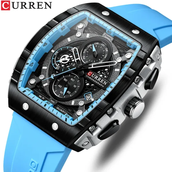 CURREN Tonneau Dial Sport Watch for Men Fashion Waterproof Quartz Wristwatch with Auto Date Yellow Silicone Strap Luminous 1
