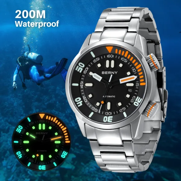 BERNY Automatic Dive Watch for Men Super Luminous Original Design 20ATM Diver Wristwatch Sapphire, Local Warehouse Fast Delivery 1