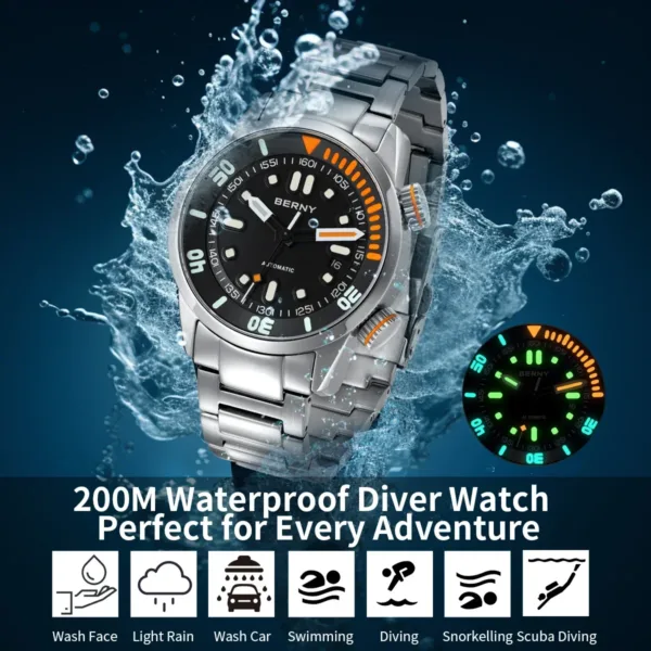 BERNY Automatic Dive Watch for Men Super Luminous Original Design 20ATM Diver Wristwatch Sapphire, Local Warehouse Fast Delivery 4