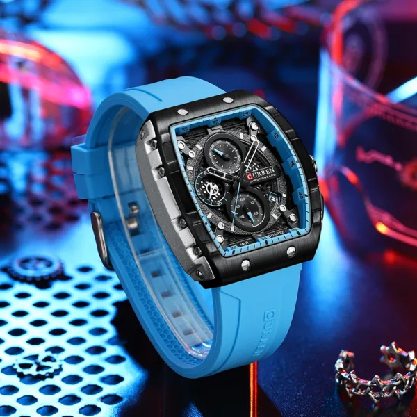CURREN Tonneau Dial Sport Watch for Men Fashion Waterproof Quartz Wristwatch with Auto Date Yellow Silicone Strap Luminous 4