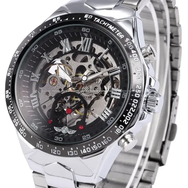 New WINNER Relojes Watches Top Branded Mens Classic Stainless Steel Self Wind Skeleton Mechanical Watch Fashion Cross Wristwatch 3