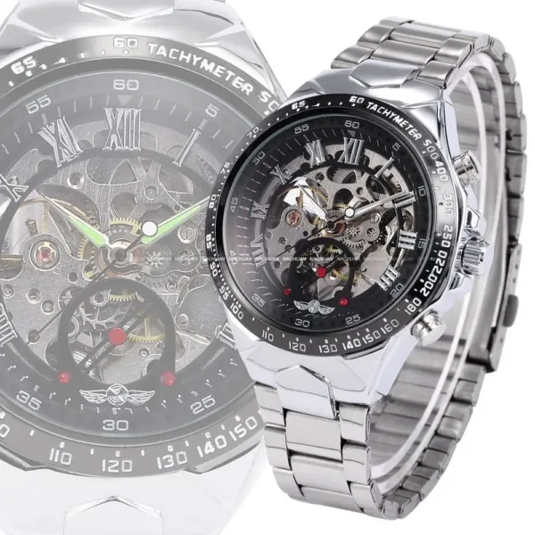 New WINNER Relojes Watches Top Branded Mens Classic Stainless Steel Self Wind Skeleton Mechanical Watch Fashion Cross Wristwatch 6