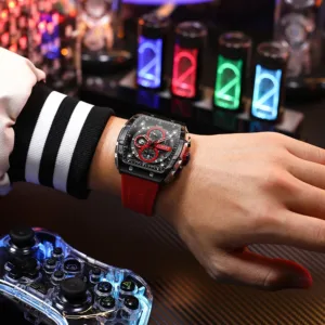 CURREN Sport Chronograph Quartz Watch for Men Fashion Blue Silicone Strap Tonneau Dial Wristwatch with Date 3atm Waterproof 3