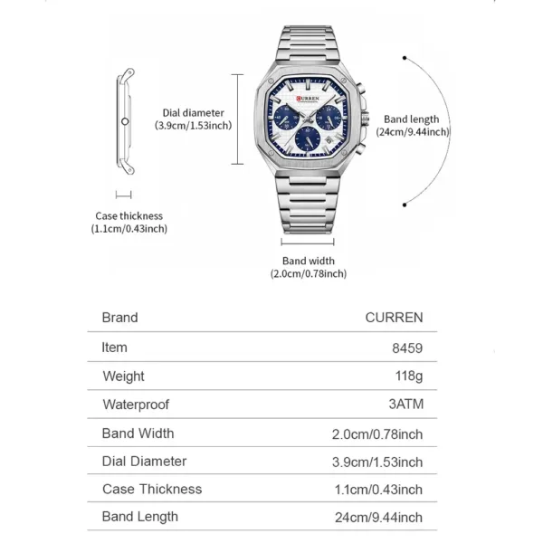 CURREN Top Brand Unique Design Square Vintage Dial Stainless Steel Bracelet New Casual Quartz Men's Watches with Chronograph 4
