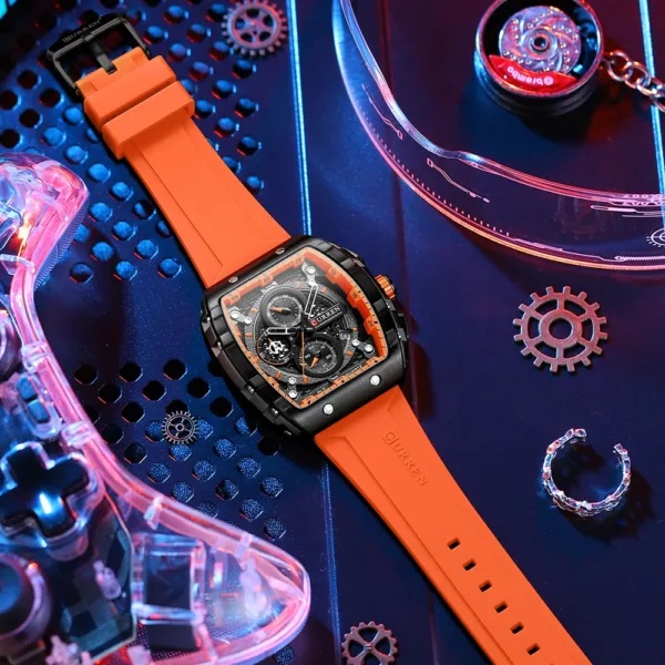 CURREN Tonneau Dial Sport Watch for Men Fashion Waterproof Quartz Wristwatch with Auto Date Yellow Silicone Strap Luminous 5
