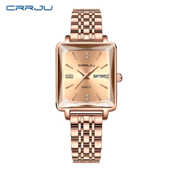 CRRJU Women's Dress Watch - Waterproof Square Quartz Wristwatch with Steel Bracelet and Date 2