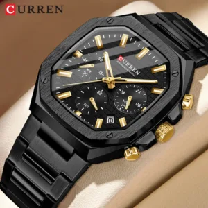 CURREN Top Brand Unique Design Square Vintage Dial Stainless Steel Bracelet New Casual Quartz Men's Watches with Chronograph 1