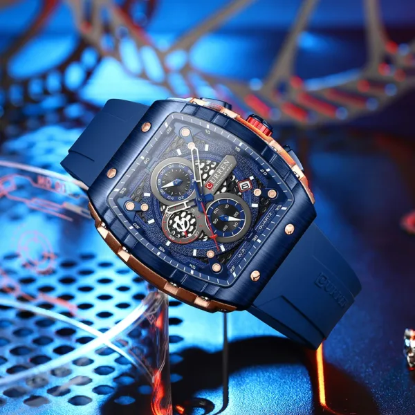 CURREN Sport Chronograph Quartz Watch for Men Fashion Blue Silicone Strap Tonneau Dial Wristwatch with Date 3atm Waterproof 6