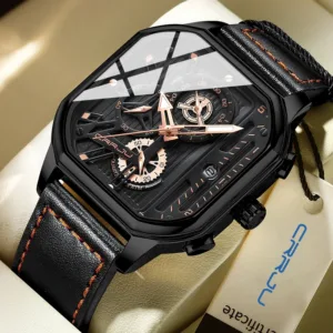 CRRJU Fashion Square Dial Leather Mens Watches Luxury Sport Waterproof Watch Man Chronograph Quartz WristWatches Homme+Box 1