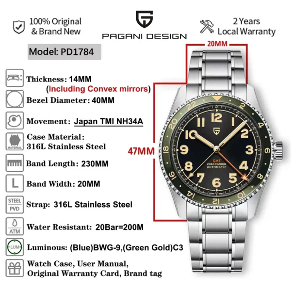 （Local delivery）PAGANI DESIGN 2025 New NH34 GMT Men's Automatic Mechanical Watch Stainless Steel Sapphire 20Bar C3 reloj hombre 2