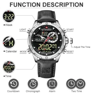 NAVIFORCE Military Watches for Men Fashion Sport Chronograph Alarm Wristwatch Waterproof Quartz Big Clock Digital Male Watch 6