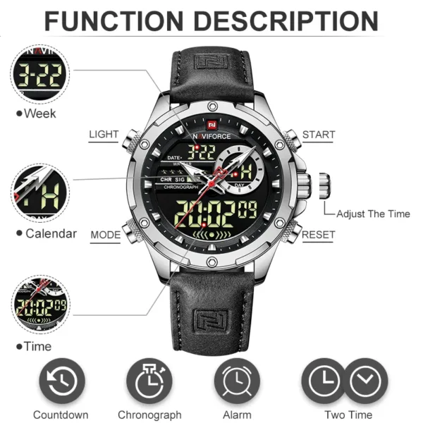NAVIFORCE Military Watches for Men Fashion Sport Chronograph Alarm Wristwatch Waterproof Quartz Big Clock Digital Male Watch 6
