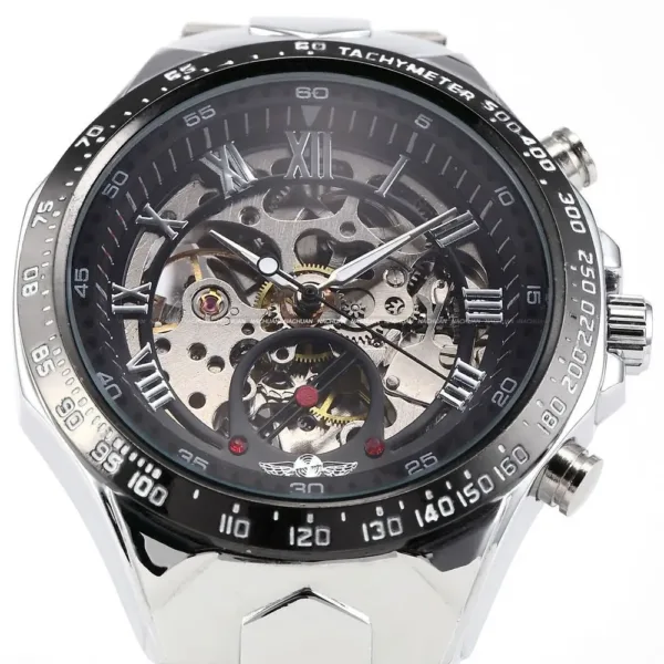 New WINNER Relojes Watches Top Branded Mens Classic Stainless Steel Self Wind Skeleton Mechanical Watch Fashion Cross Wristwatch 2